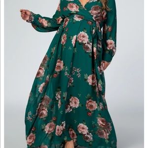 Green Rose Floral Chiffon Maternity Maxi Dress